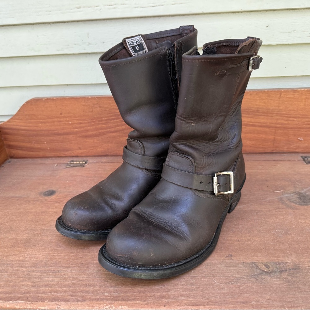 Vintage 90s Frye Engineer Moto Boots Dark Brown Leather Size 10